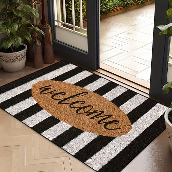 1pc 16"*24"18"*30" Non-Slip Welcome Doormat With Rubber Backing - Machine Washable Polyester Entry Mat, Grey Black Vertical Stripes & Oval Brown Welcome Sign For Indoor/Outdoor Use In Entryway, Living Room, Patio, Kitchen, Bathroom